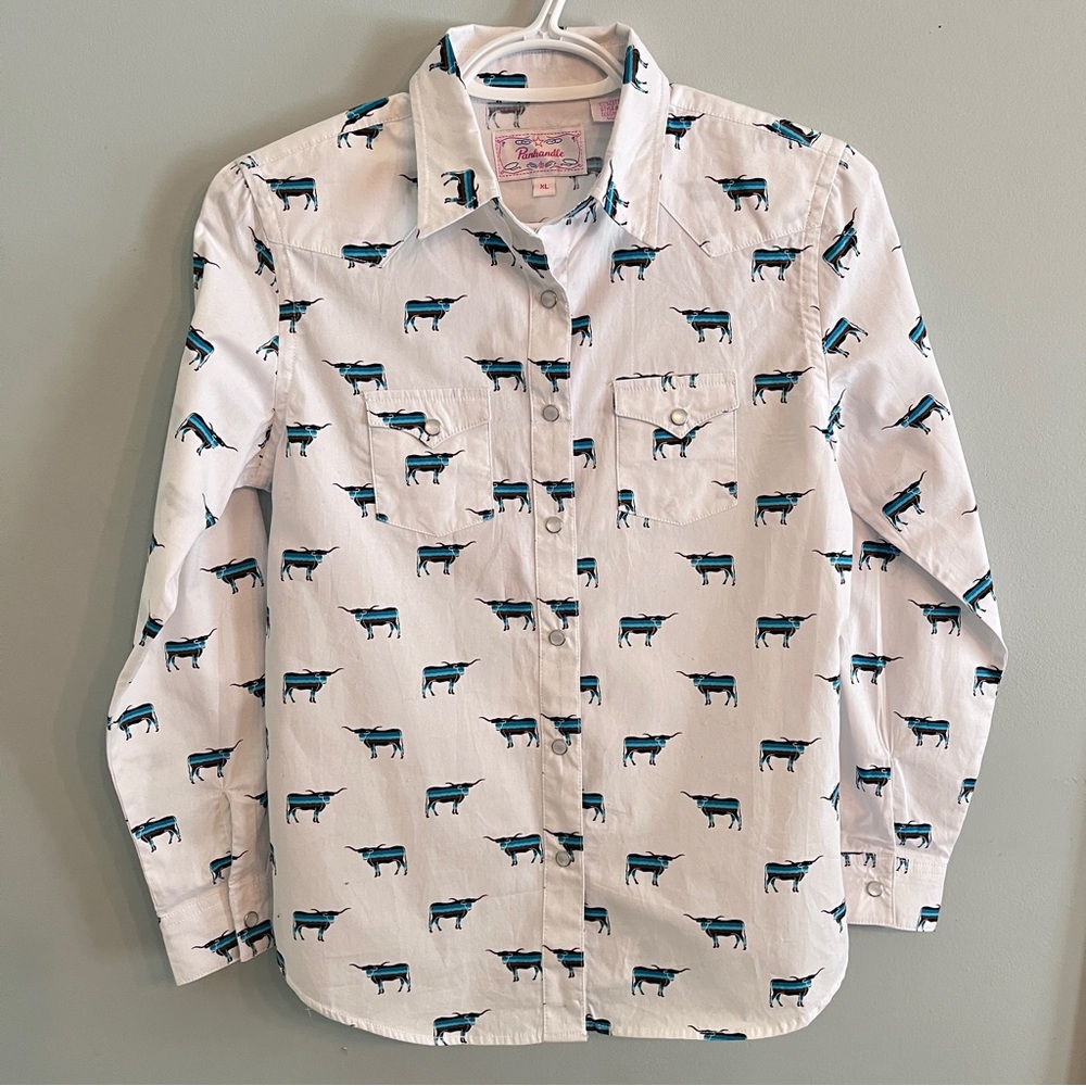 Panhandle YOUTH Girls XL Pearl Snap Western Wear Bull Print Long Sleeve Shirt